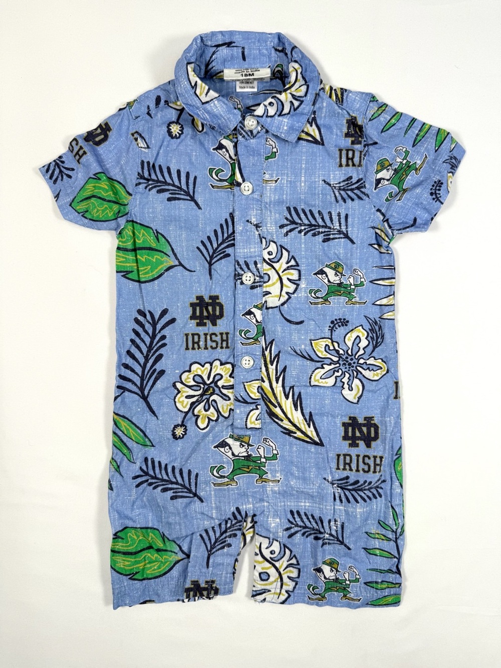 WES AND WILLY Notre Dame Hawaiian Romper 18M Blue Tropical Irish Football